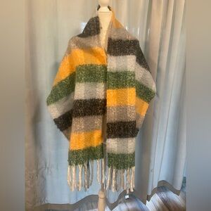 Oversized chunky color block bold print stripe checked fringe trim scarf wrap